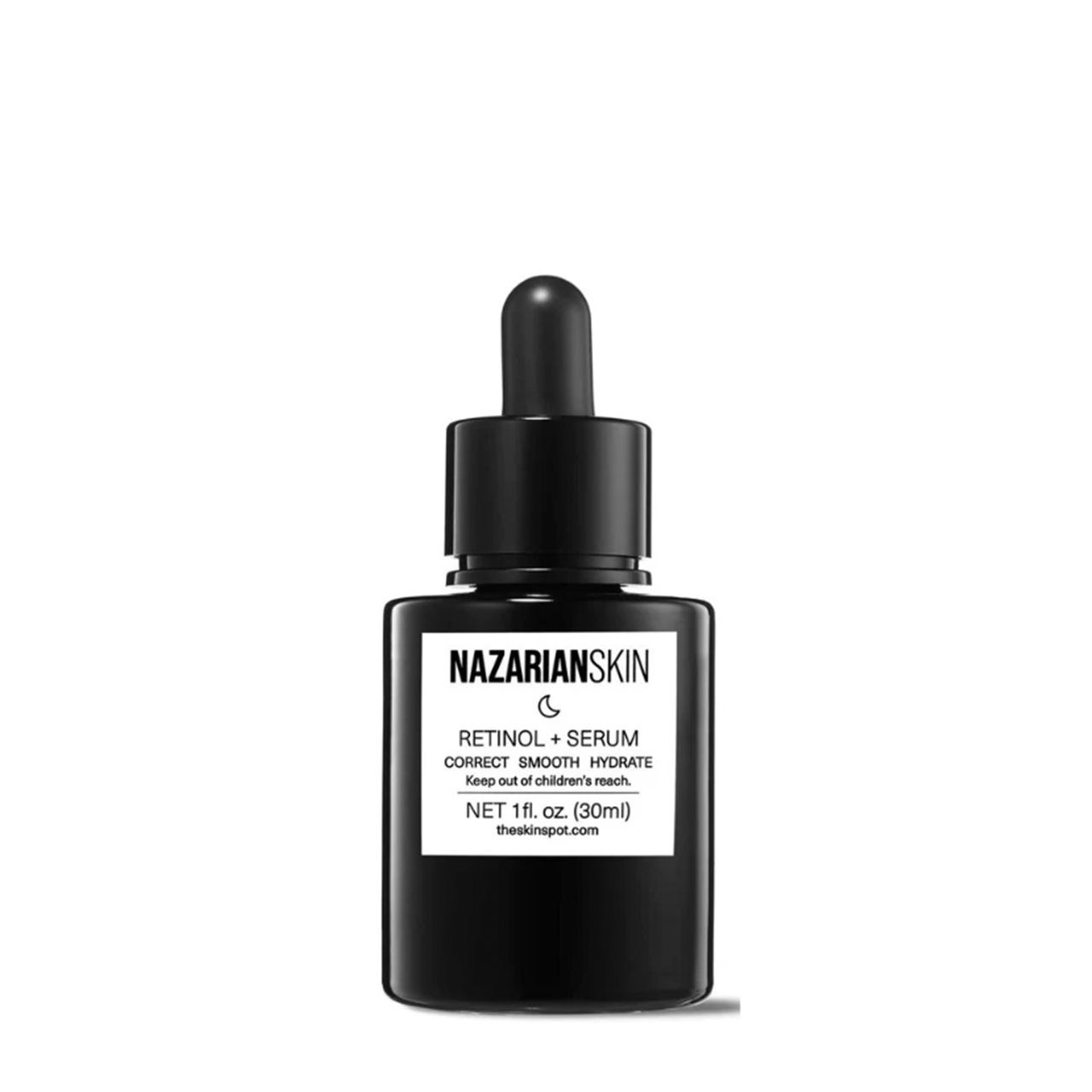 Retinol serum in black glass dropper bottle.